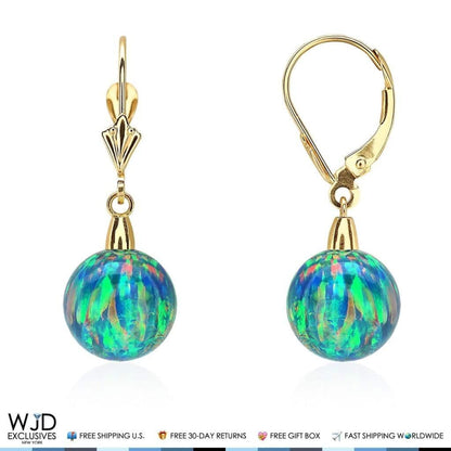 14K Real Gold Ball Blue Green Fire Opal Leverback Dangle Earrings 10mm