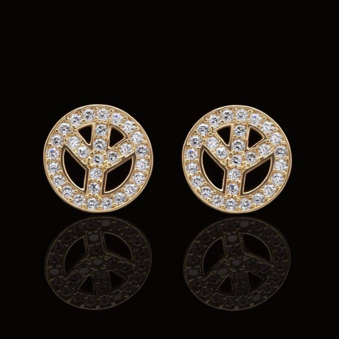 14K Gold 1.20CTW CZ Pave Peace Sign Stud Earrings 10mm