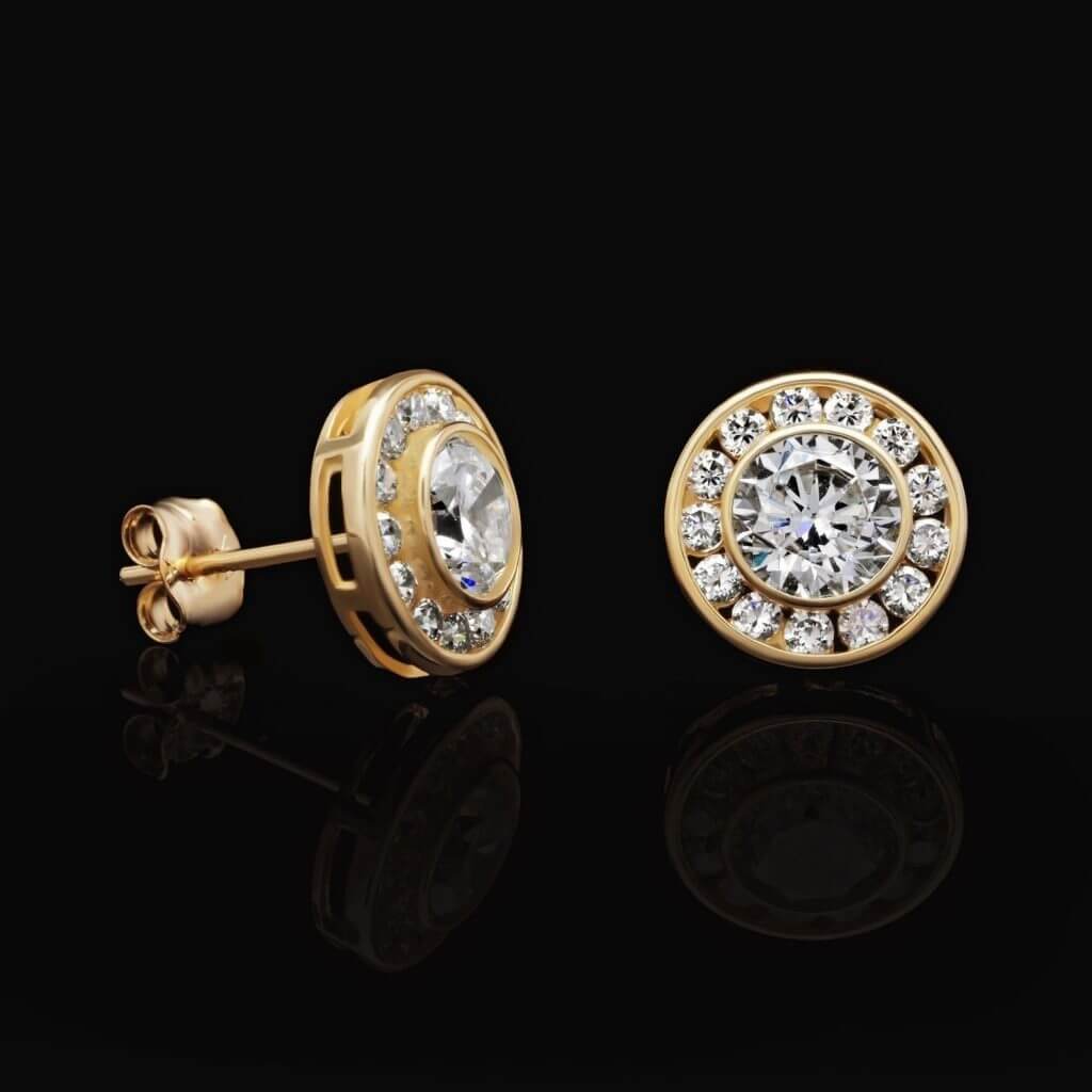 1.5CTW CZ 14K Yellow Gold Round Bezel Halo Cluster Stud Earrings