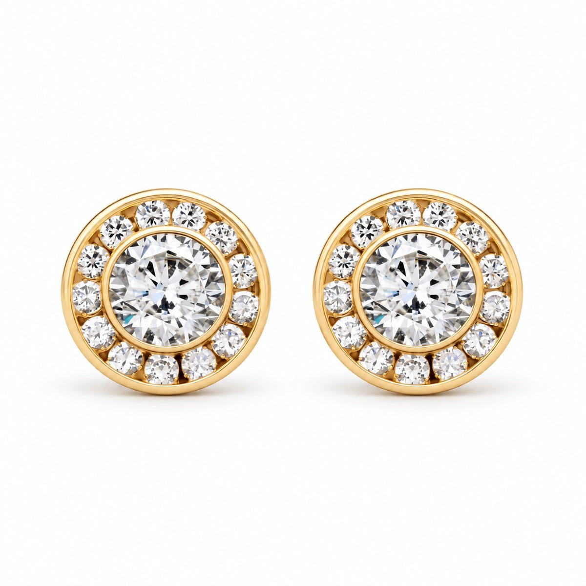 1.5CTW CZ 14K Yellow Gold Round Bezel Halo Cluster Stud Earrings