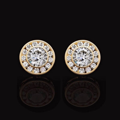 1.5CTW CZ 14K Yellow Gold Round Bezel Halo Cluster Stud Earrings