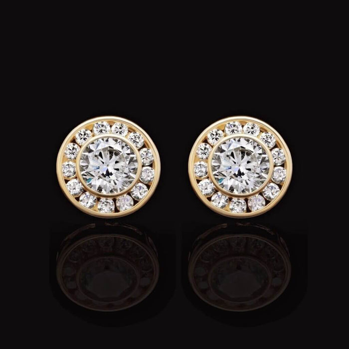 1.5CTW CZ 14K Yellow Gold Round Bezel Halo Cluster Stud Earrings