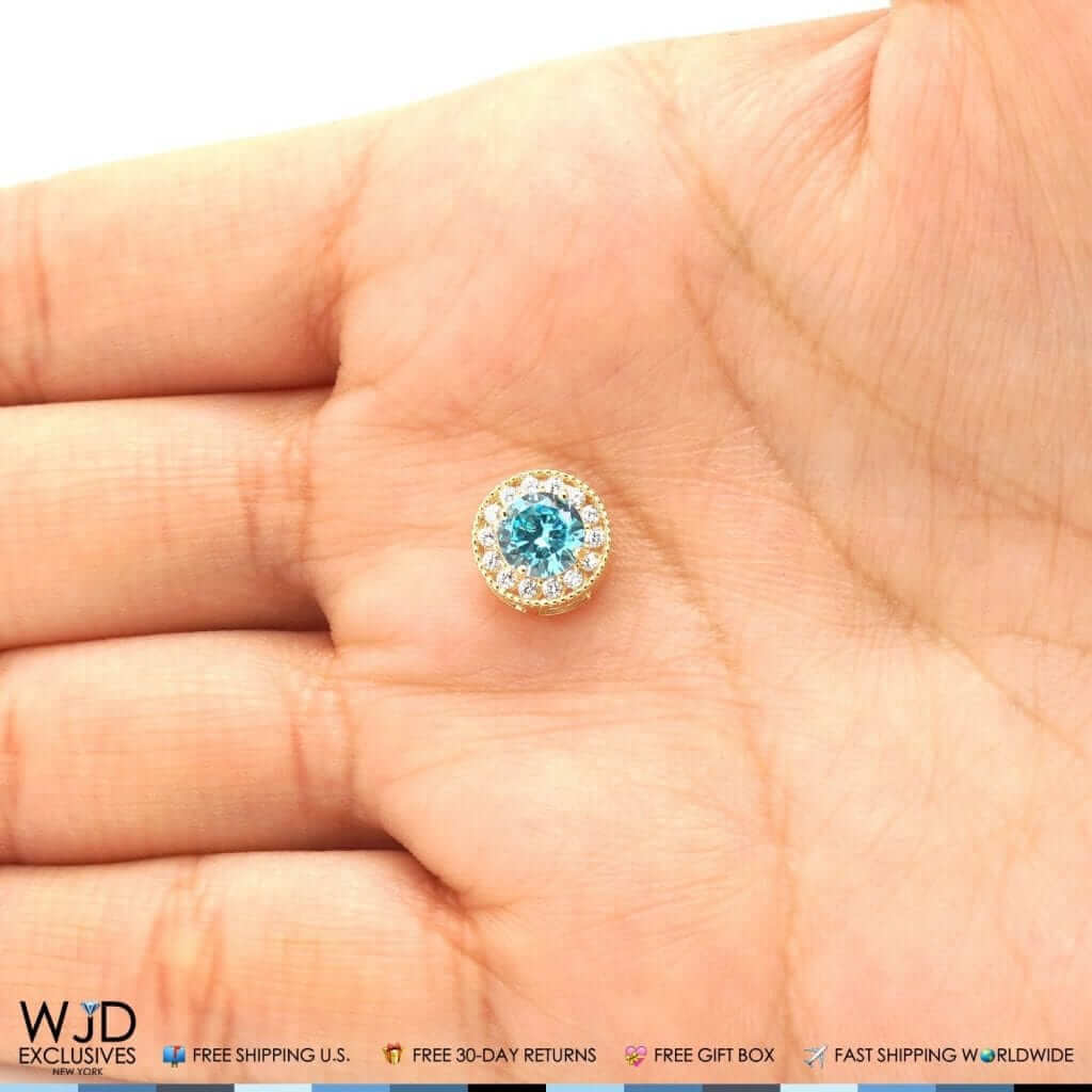 14K Yellow Gold 1.80Ct CZ And Aquamarine Round Halo Pendant