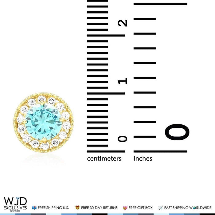 14K Yellow Gold 1.80Ct CZ And Aquamarine Round Halo Pendant
