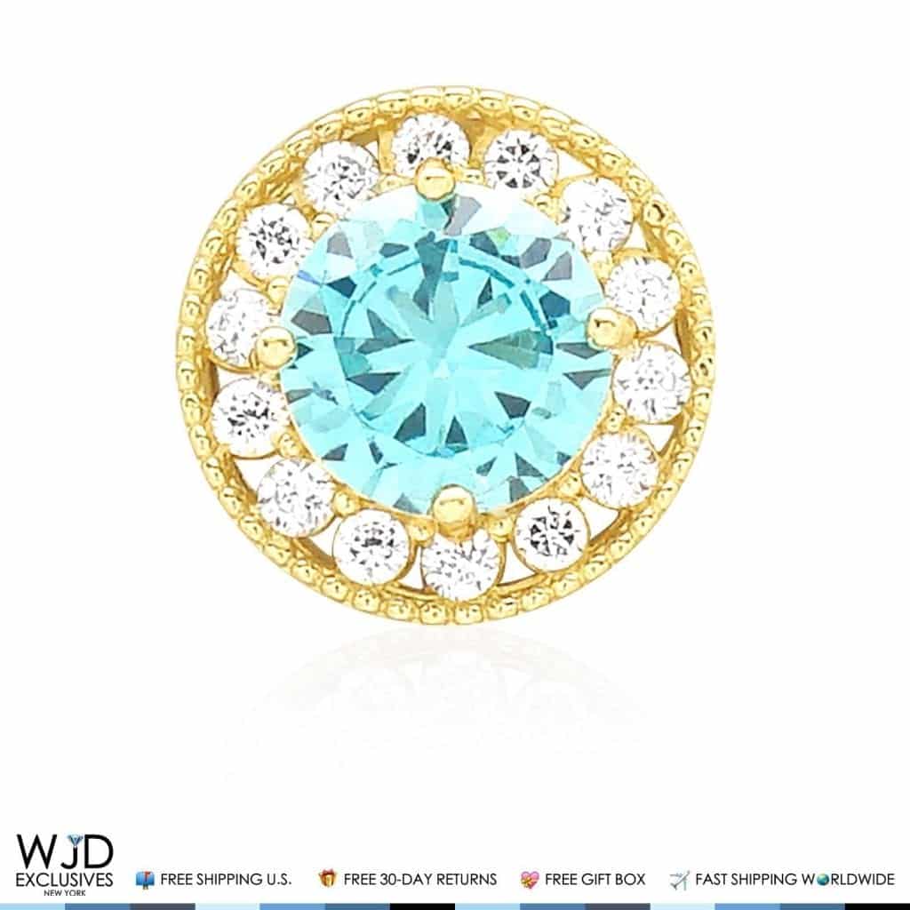 14K Yellow Gold 1.80Ct CZ And Aquamarine Round Halo Pendant