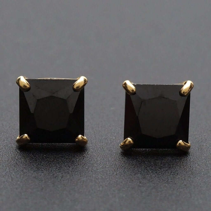 14K Yellow Gold Black 1CTW CZ Princess-Cut Push Back Stud Earrings