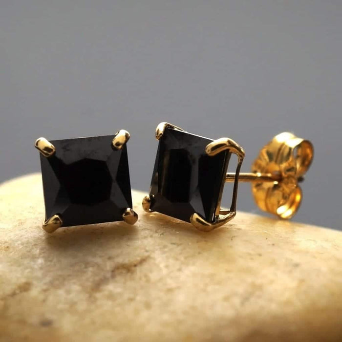 14K Yellow Gold Black 1CTW CZ Princess-Cut Push Back Stud Earrings