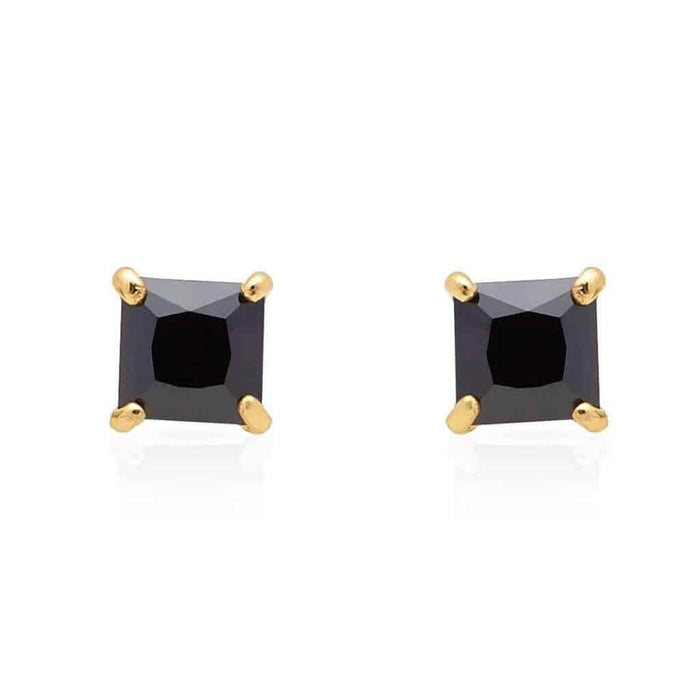 14K Yellow Gold Black 1CTW CZ Princess-Cut Push Back Stud Earrings