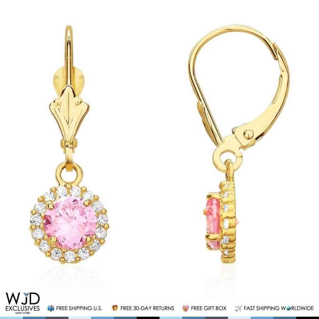 14K Yellow Gold CZ Halo Round Birthstone Earrings
