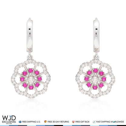 1CTW CZ Ruby 14K Yellow Gold Flower Huggie Hoop Dangle Earrings