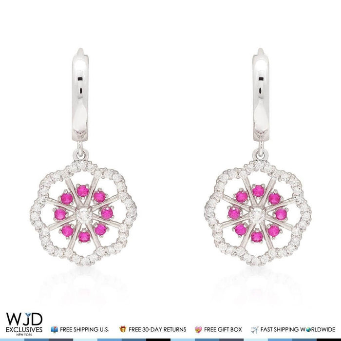 1CTW CZ Ruby 14K Yellow Gold Flower Huggie Hoop Dangle Earrings