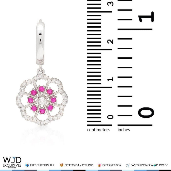 1CTW CZ Ruby 14K Yellow Gold Flower Huggie Hoop Dangle Earrings