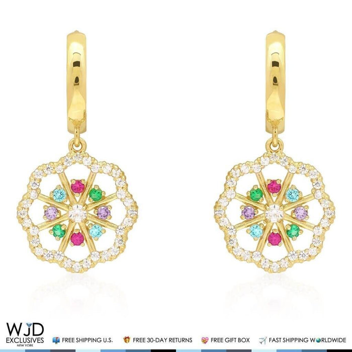 1CTW CZ Multi-Color Flower 14K Yellow Gold Huggie Hoop Earrings