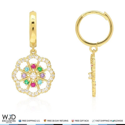 1CTW CZ Multi-Color Flower 14K Yellow Gold Huggie Hoop Earrings