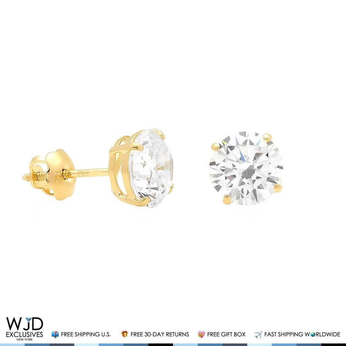 14K Yellow Gold 1Ct Round CZ Stud Screw Back Earrings 5mm