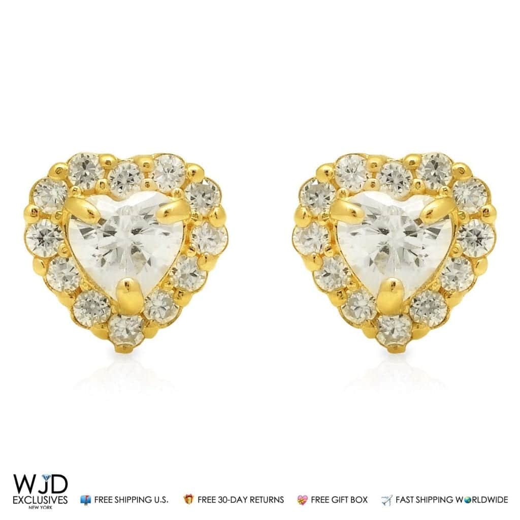 14K Yellow Gold 1Ct CZ Halo Small Heart Stud Screw-back Earrings
