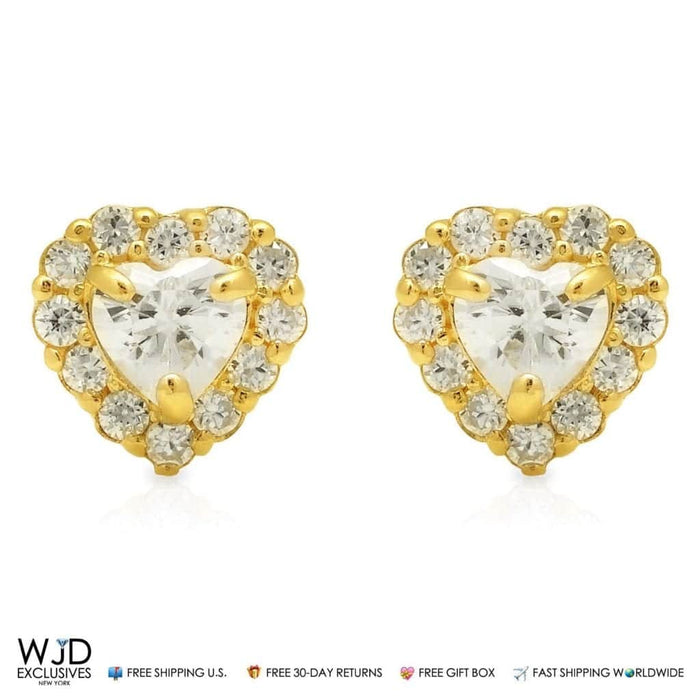 14K Yellow Gold 1Ct CZ Halo Small Heart Stud Screw-back Earrings