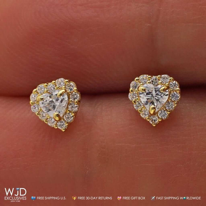 14K Yellow Gold 1Ct CZ Halo Small Heart Stud Screw-back Earrings