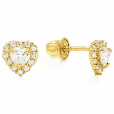 14K Yellow Gold 1Ct CZ Halo Small Heart Stud Screw-back Earrings