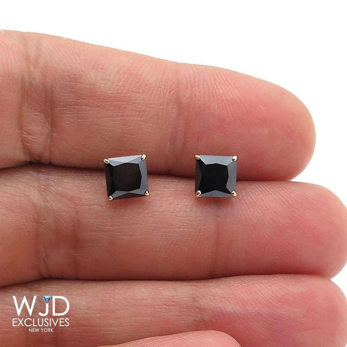 2Ct Simulated Black Diamond Princess-Cut 14K Yellow Gold Push Back Stud Earrings