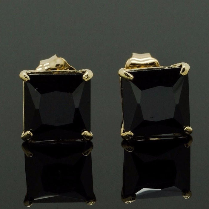 2Ct Simulated Black Diamond Princess-Cut 14K Yellow Gold Push Back Stud Earrings