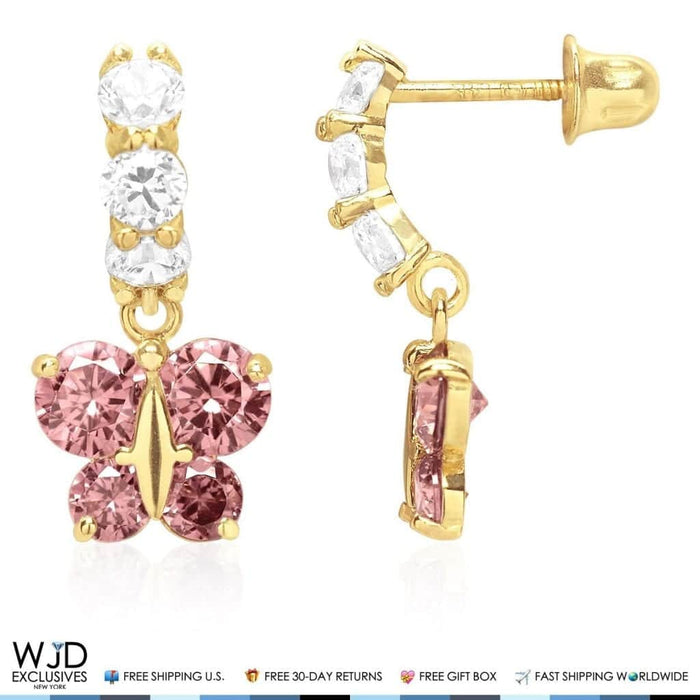 14K Yellow Gold CZ Birthstone Butterfly Earrings 15mm
