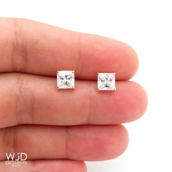 14K Yellow Gold 2Ct Princess Square CZ Stud Earrings 6mm