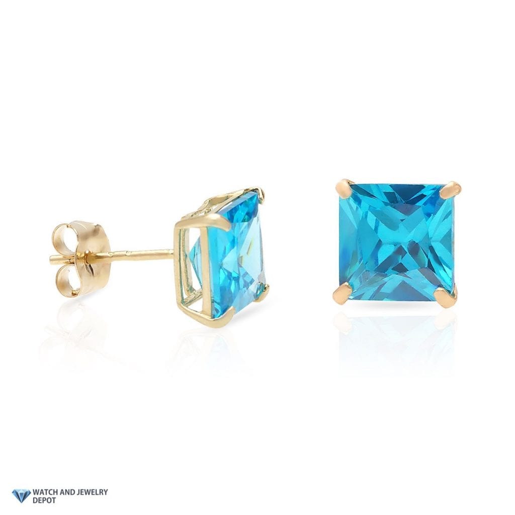 14K Yellow Gold 2Ct Princess December Birthstone Created Zircon Stud Earrings