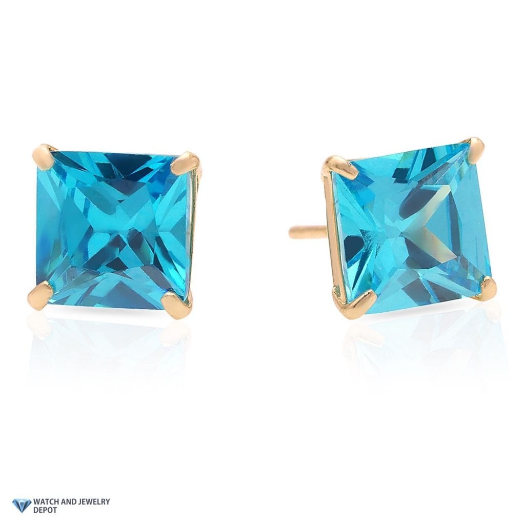 14K Yellow Gold 2Ct Princess December Birthstone Created Zircon Stud Earrings