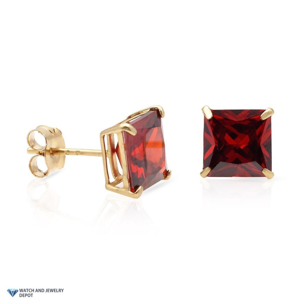 Real 14K Gold 2Ct Princess January Birthstone Created Garnet Stud Earrings