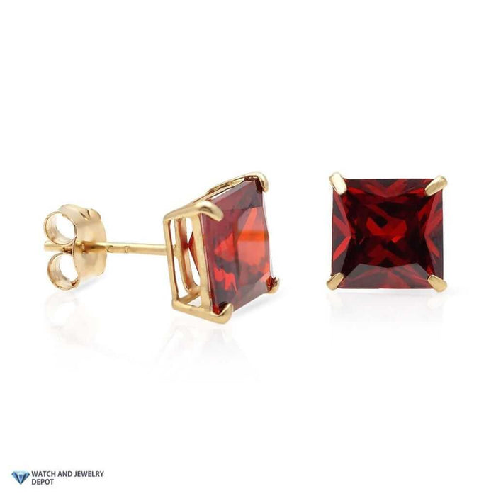 Real 14K Gold 2Ct Princess January Birthstone Simulated Garnet Stud Earrings