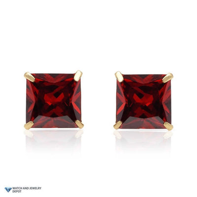 Real 14K Gold 2Ct Princess January Birthstone Simulated Garnet Stud Earrings