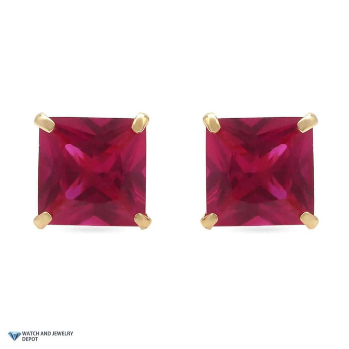 14K Yellow Gold 2Ct Princess July Birthstone Simulated Ruby Stud Earrings