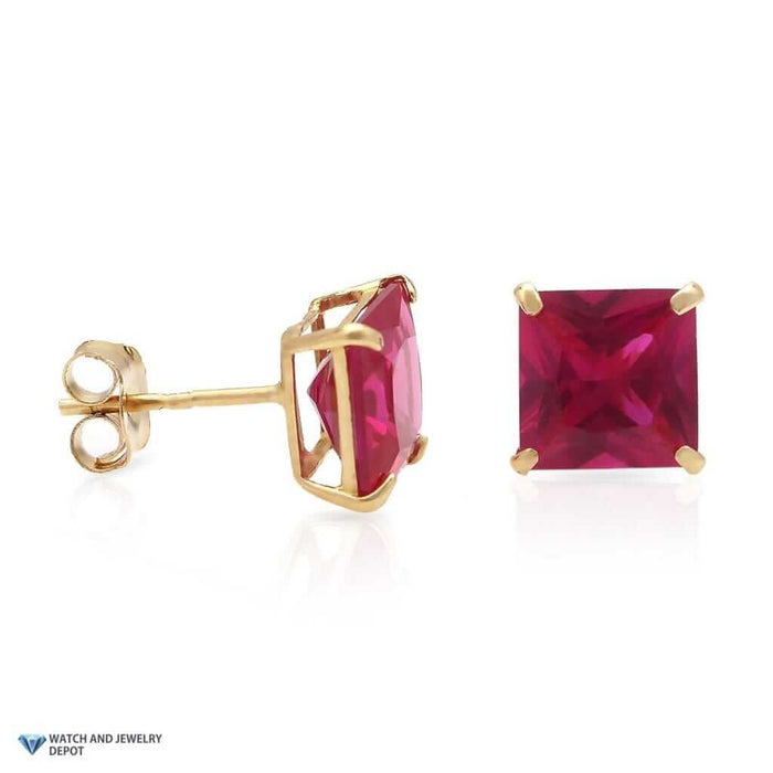 14K Yellow Gold 2Ct Princess July Birthstone Simulated Ruby Stud Earrings