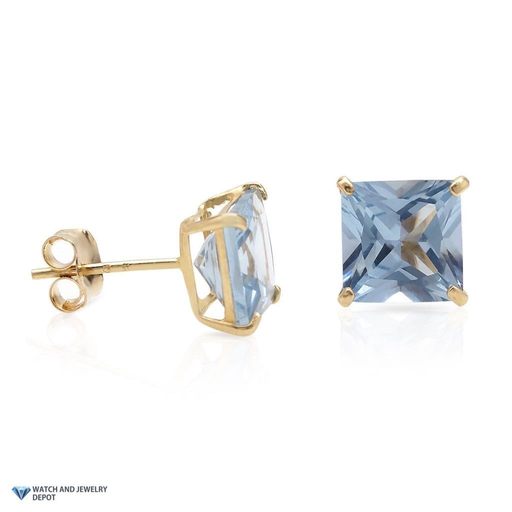 14K Yellow Gold 2Ct Princess March Birthstone Created Aquamarine Stud Earrings