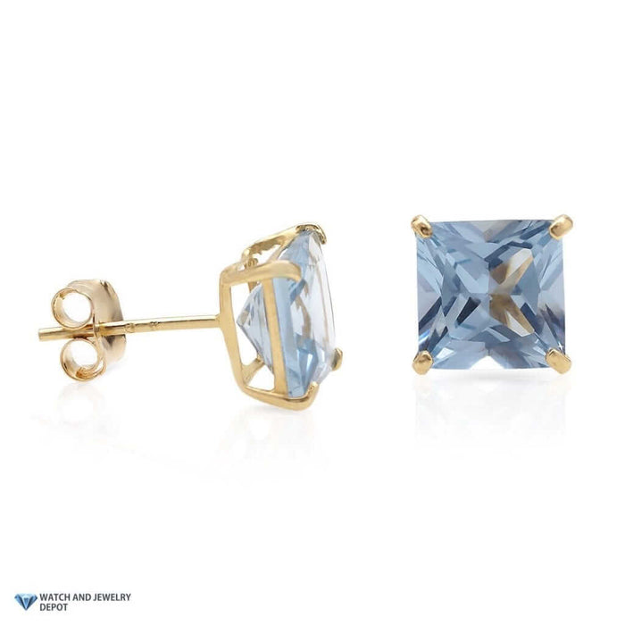 14K Yellow Gold 2Ct Princess March Birthstone Simulated Aquamarine Stud Earrings