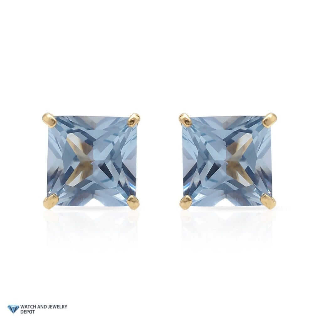 14K Yellow Gold 2Ct Princess March Birthstone Simulated Aquamarine Stud Earrings
