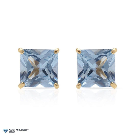 14K Yellow Gold 2Ct Princess March Birthstone Created Aquamarine Stud Earrings