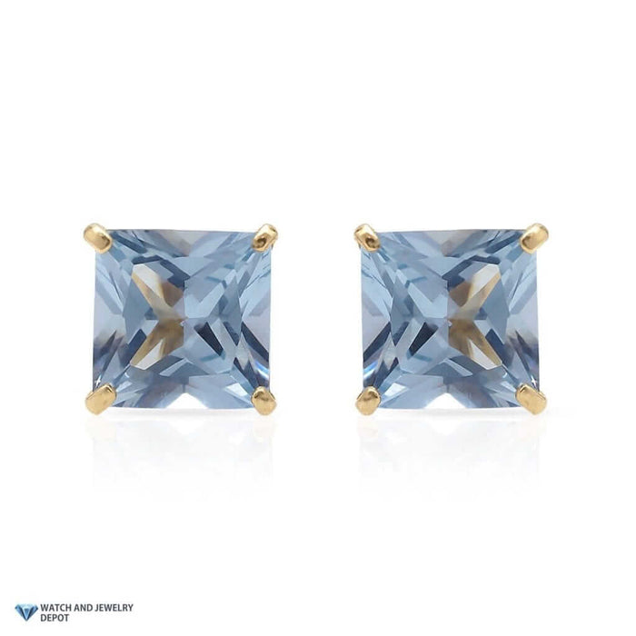 14K Yellow Gold 2Ct Princess March Birthstone Simulated Aquamarine Stud Earrings