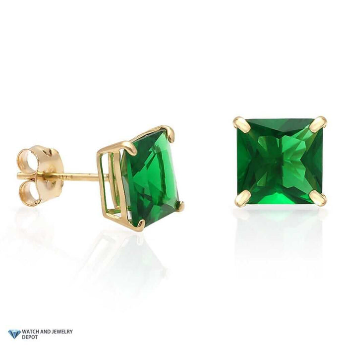 14K Yellow Gold 2Ct Princess May Simulated Emerald Birthstone Stud Earrings