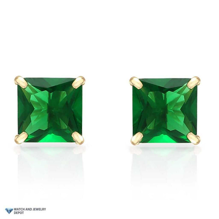 14K Yellow Gold 2Ct Princess May Simulated Emerald Birthstone Stud Earrings