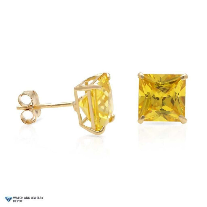 14K Yellow Gold 2Ct Princess November Birthstone Created Citrine Stud Earrings