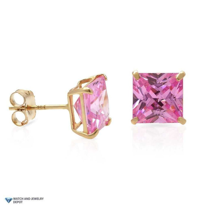 14K Yellow Gold 2Ct Princess October Birthstone Created Tourmaline Stud Earrings