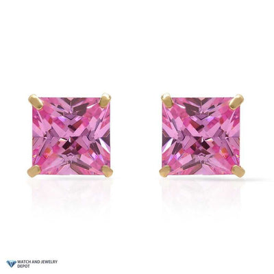 14K Yellow Gold 2Ct Princess October Birthstone Created Tourmaline Stud Earrings
