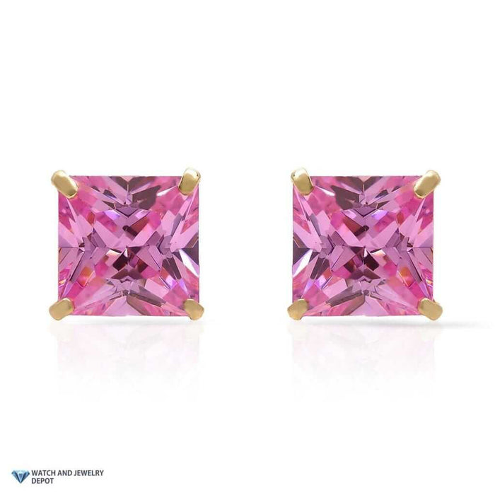 14K Yellow Gold 2Ct Princess October Birthstone Created Tourmaline Stud Earrings