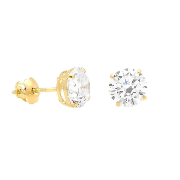 14K Yellow Gold 2.5Ct CZ Round Screw Back Stud Earrings 7mm