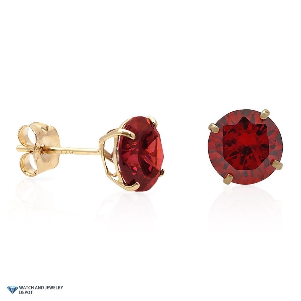 Round Cut Simulated Garnet Pushback Stud Earrings Birthstone 14K Yellow Gold 2Ct