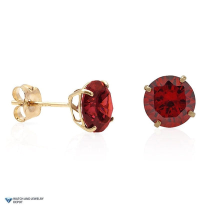 Round Cut Simulated Garnet Pushback Stud Earrings Birthstone 14K Yellow Gold 2Ct