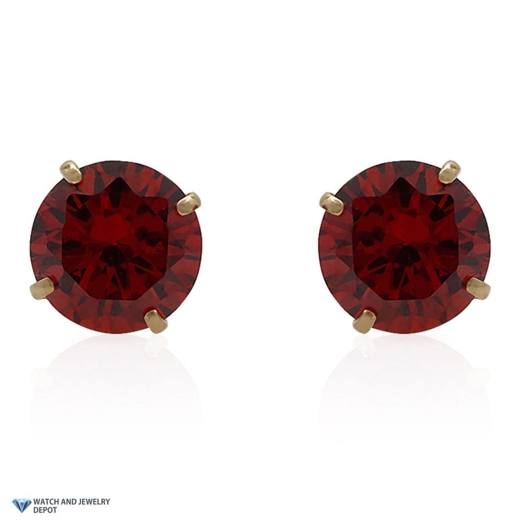 Round Cut Simulated Garnet Pushback Stud Earrings Birthstone 14K Yellow Gold 2Ct