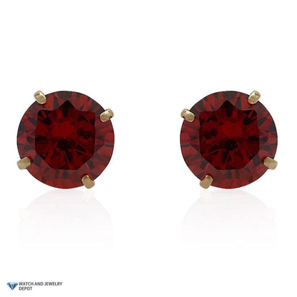 Round Cut Simulated Garnet Pushback Stud Earrings Birthstone 14K Yellow Gold 2Ct